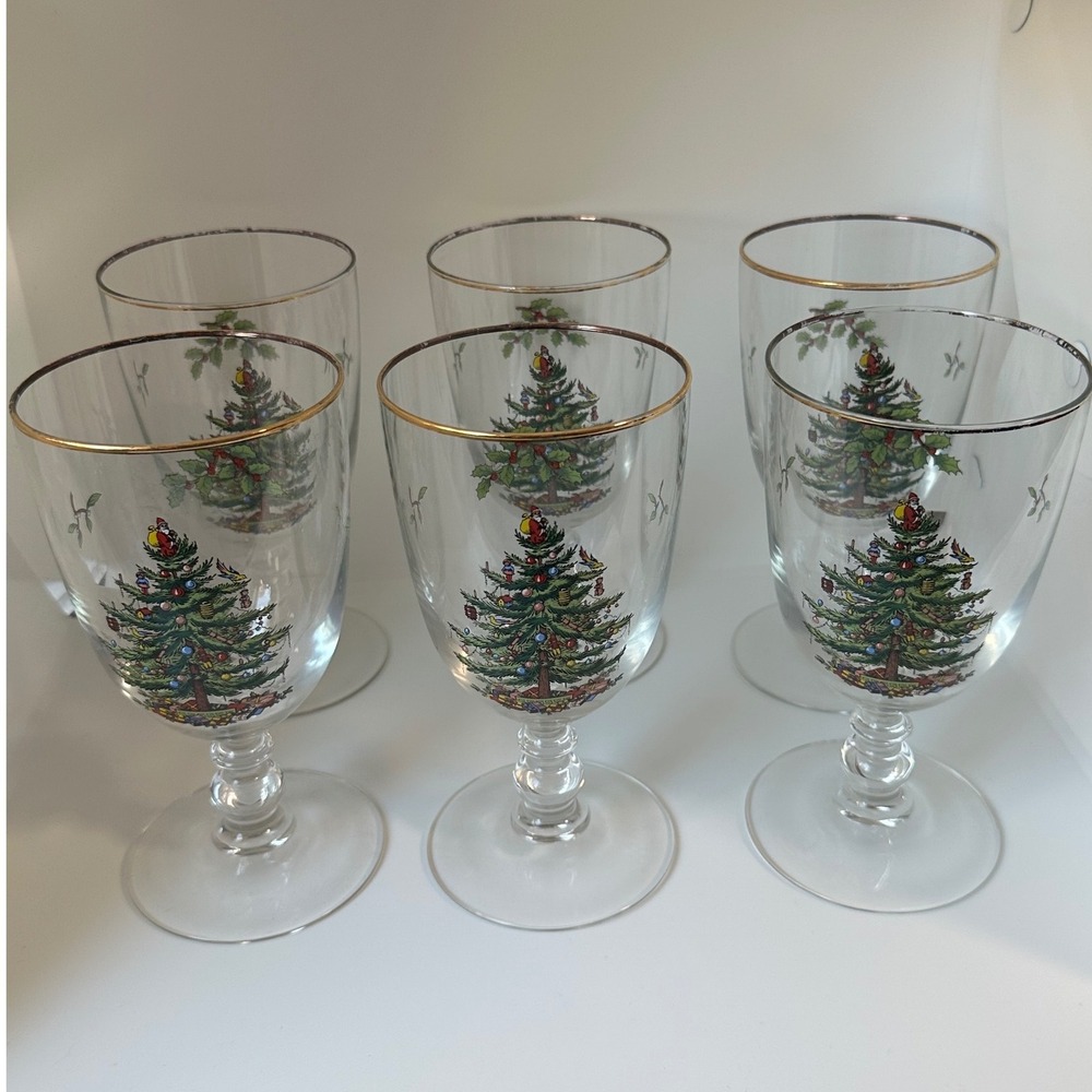Spode Christmas Tree Wine Goblets Set of 6 Gold Rim Holiday Glassware
